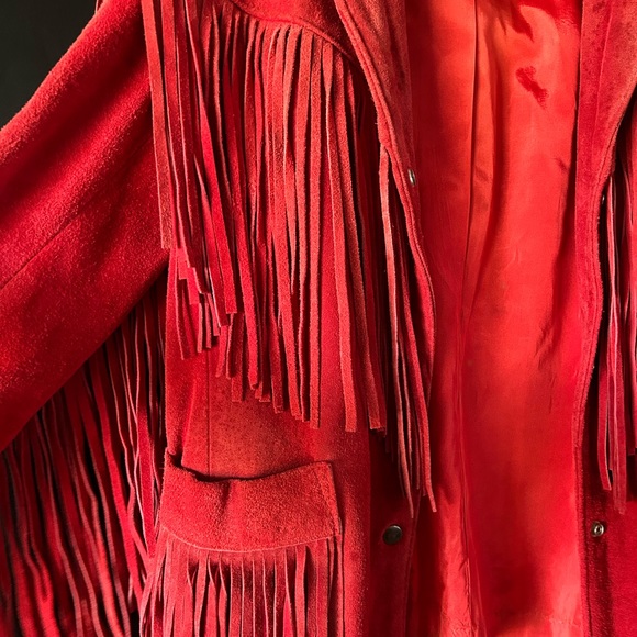 Vintage 70s South Western Boho Hippie Vakko Red Fringe Coat/Jacket XS-S, 0-2 - Picture 3 of 4